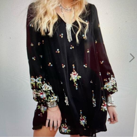 Free People Black Oxford  Embroidered Long Sleeve Mini Dress XS - Picture 1 of 12